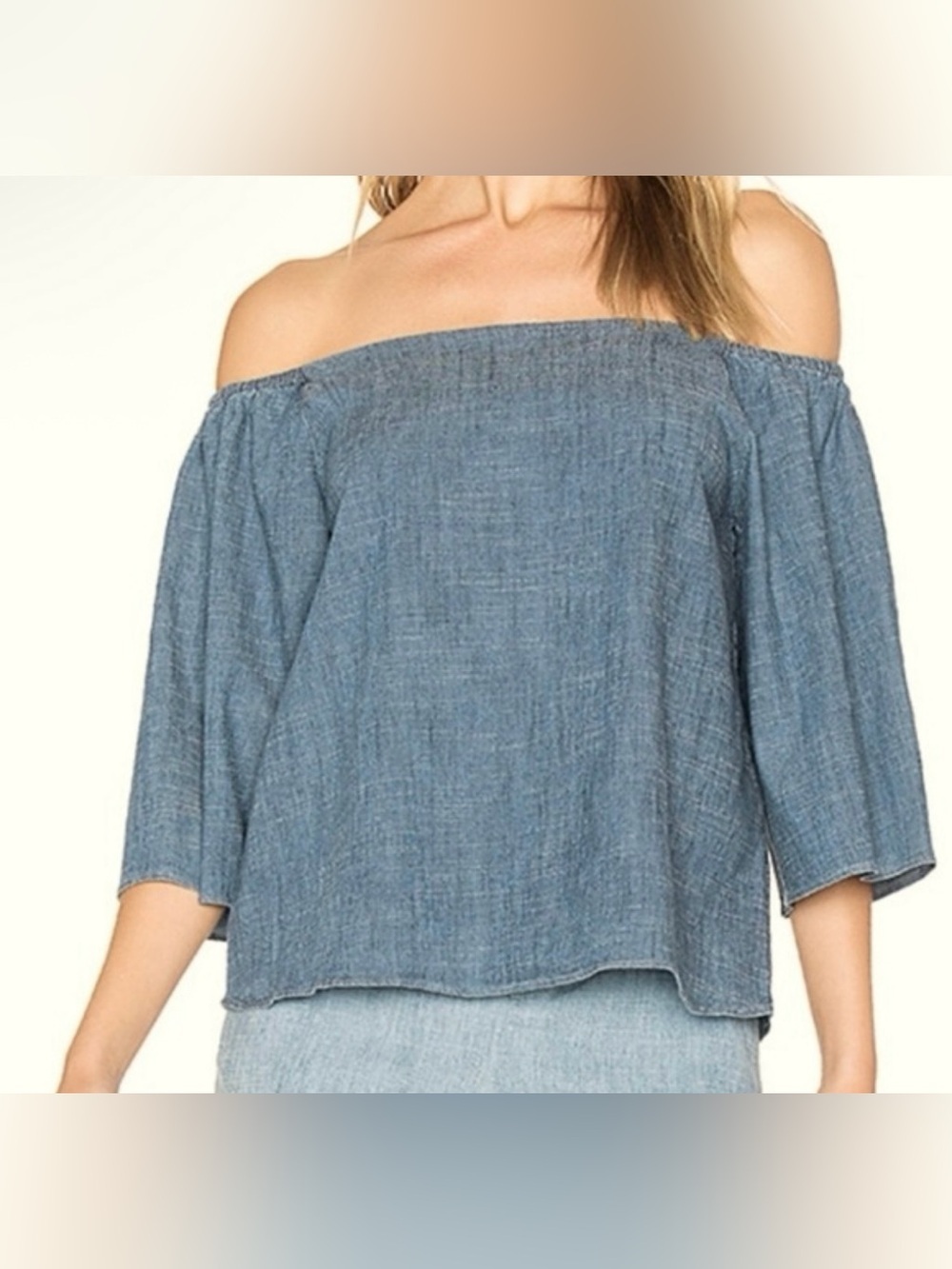 Alice + Olivia Chambray Off-Shoulder 3/4 Sleeve Blouse - Size XS